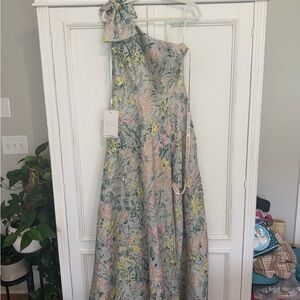 Mac Duggal Pastel Green Floral One-Shoulder Maxi Dress